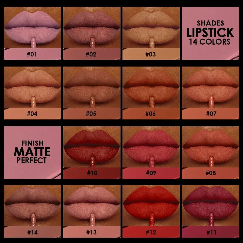 14-Color Matte Lipstick Set | Waterproof Long-Lasting Lip Color Matte Lipstick Set QXL