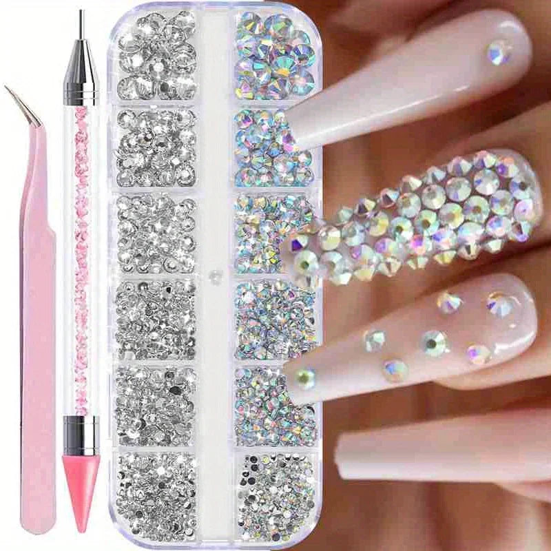 SS6–SS30 Mixed Nail Rhinestones White AB Flat-Back Gem Set Nail Art Rhinestones QXL White White AB 3PCS