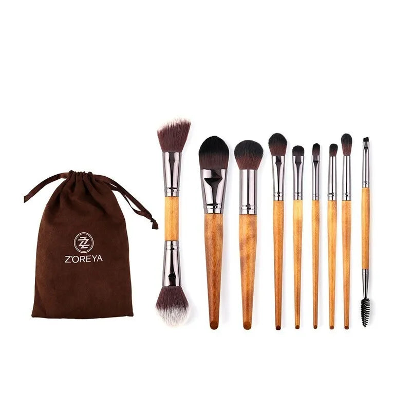 Zoreya 9-Piece Walnut Wood Makeup Brush Set | Full Face Makeup Brush Set QXL