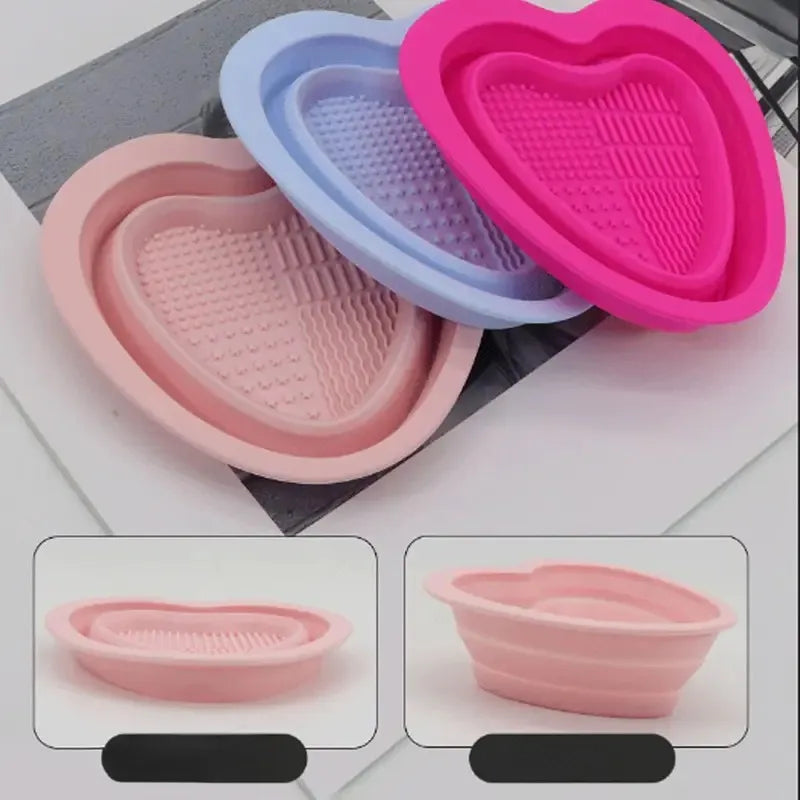 Heart-Shaped Silicone Makeup Brush Cleaner + Pink Sponge Brush Cleaner QXL