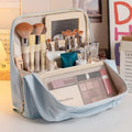 Large PU Leather Travel Makeup Bag with Brush Slots | Organizer Travel Makeup Bag QXL Blue