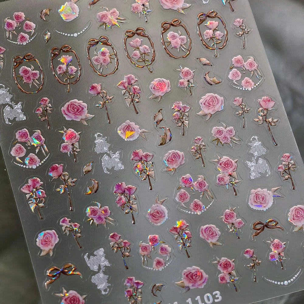 5D Pink Rose Rhinestone Nail Art Stickers | Floral Decals Nail Art Stickers QXL