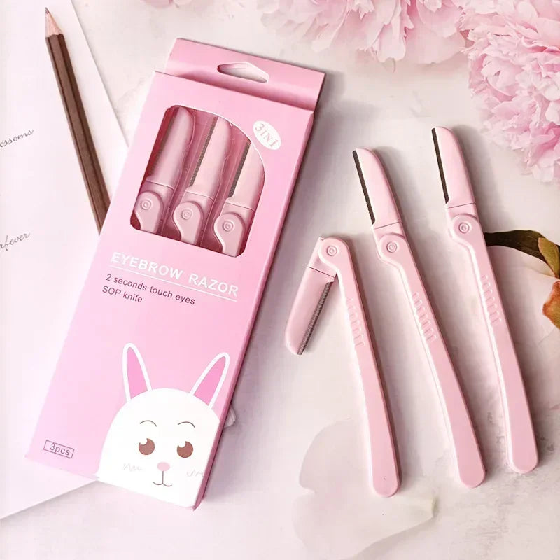 3-Pack Pink Folding Eyebrow Trimmer & Face Shaver Set Eyebrow Trimmer Set QXL