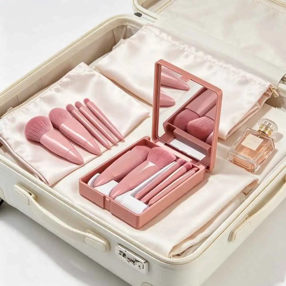 VVOCCI 5-Pc Mini Travel Makeup Brush Set with Case & Mirror Travel Makeup Brush Set QXL