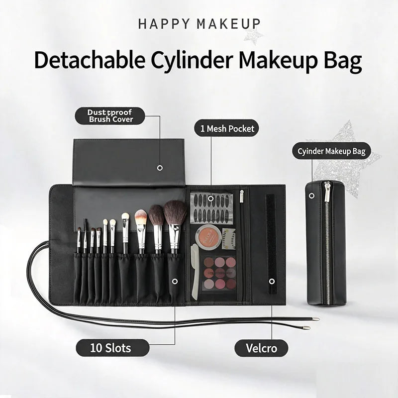 PU Leather Roll-Up Makeup Brush Bag | Cylinder Travel Case Makeup Brush Bag QXL