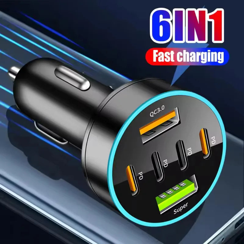6-Port PD QC3.0 Car Charger – Fast USB-C Adapter Car Phone Charger QXL Default Title