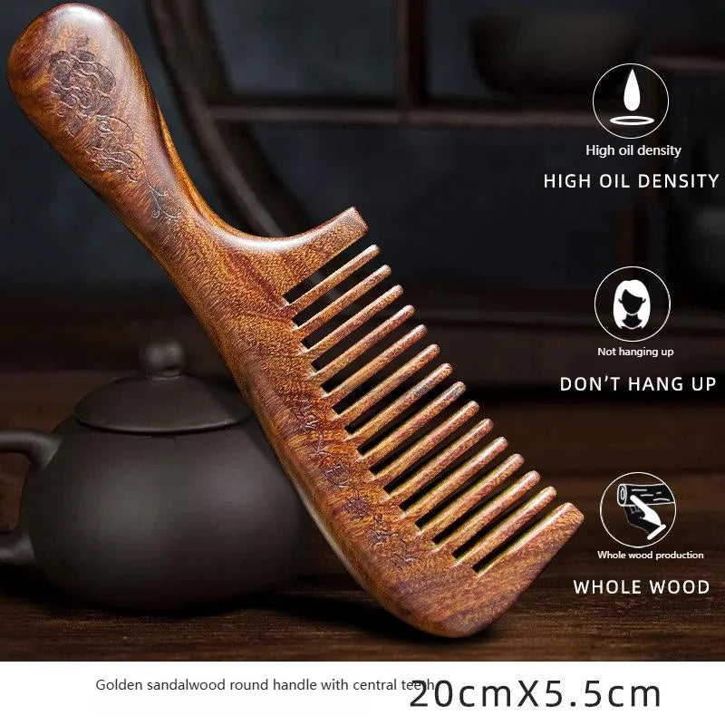 Golden Sandalwood Wide Tooth Comb | Scalp Massage & Detangle Wood Hair Comb QXL