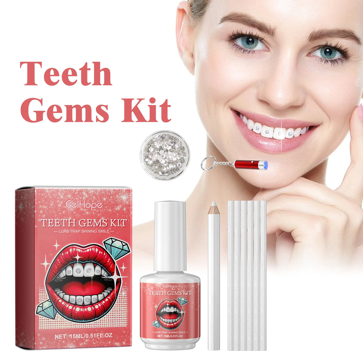 Teeth Gems DIY Kit – 100 Gems, UV Light & Dental Glue Tooth Gem Kit QXL