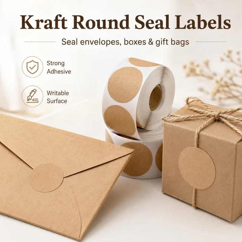 500-Pack Kraft Round Label Stickers | Writable Blank Seals Roll Kraft Label Stickers QXL