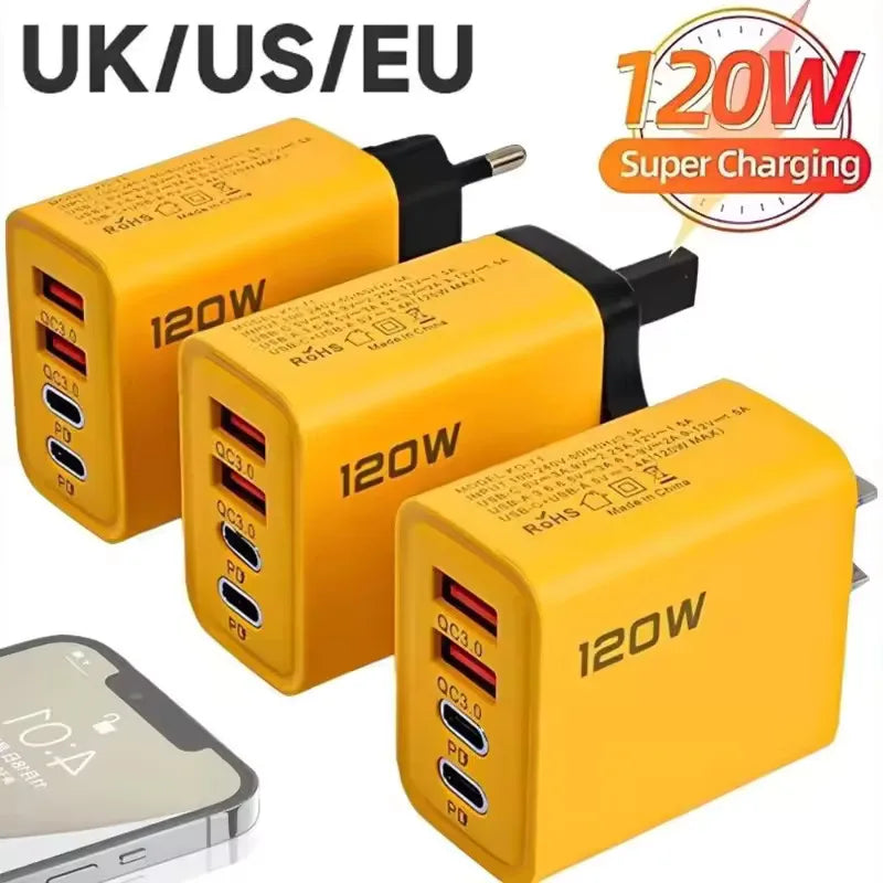 120W 4-Port USB-C Wall Charger PD & QC3.0 | EU US UK Plug USB Wall Charger QXL