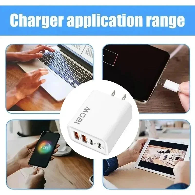 4-Port 120W USB-C Fast Wall Charger | EU US UK Plug USB-C Wall Charger QXL