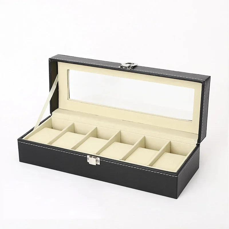 6-Slot PU Leather Watch Box with Glass Lid – Display & Storage Watch Display Box QXL
