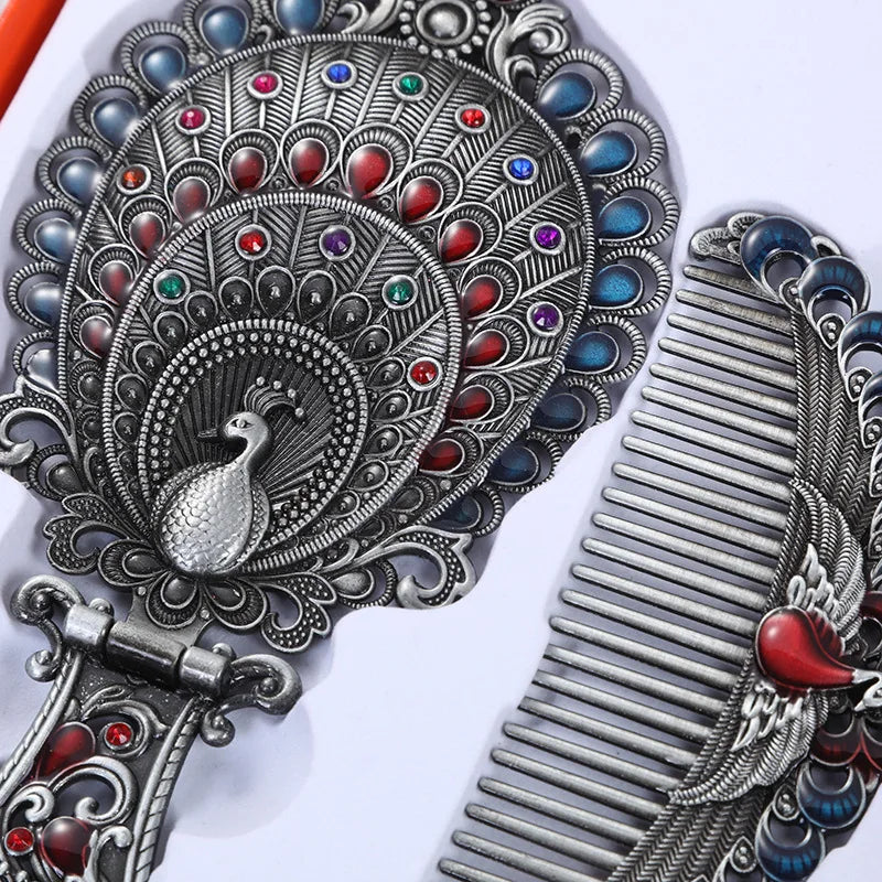 Peacock Folding Hand Mirror & Comb Set | Retro Metal Gift Box Folding Vanity Mirror Set QXL