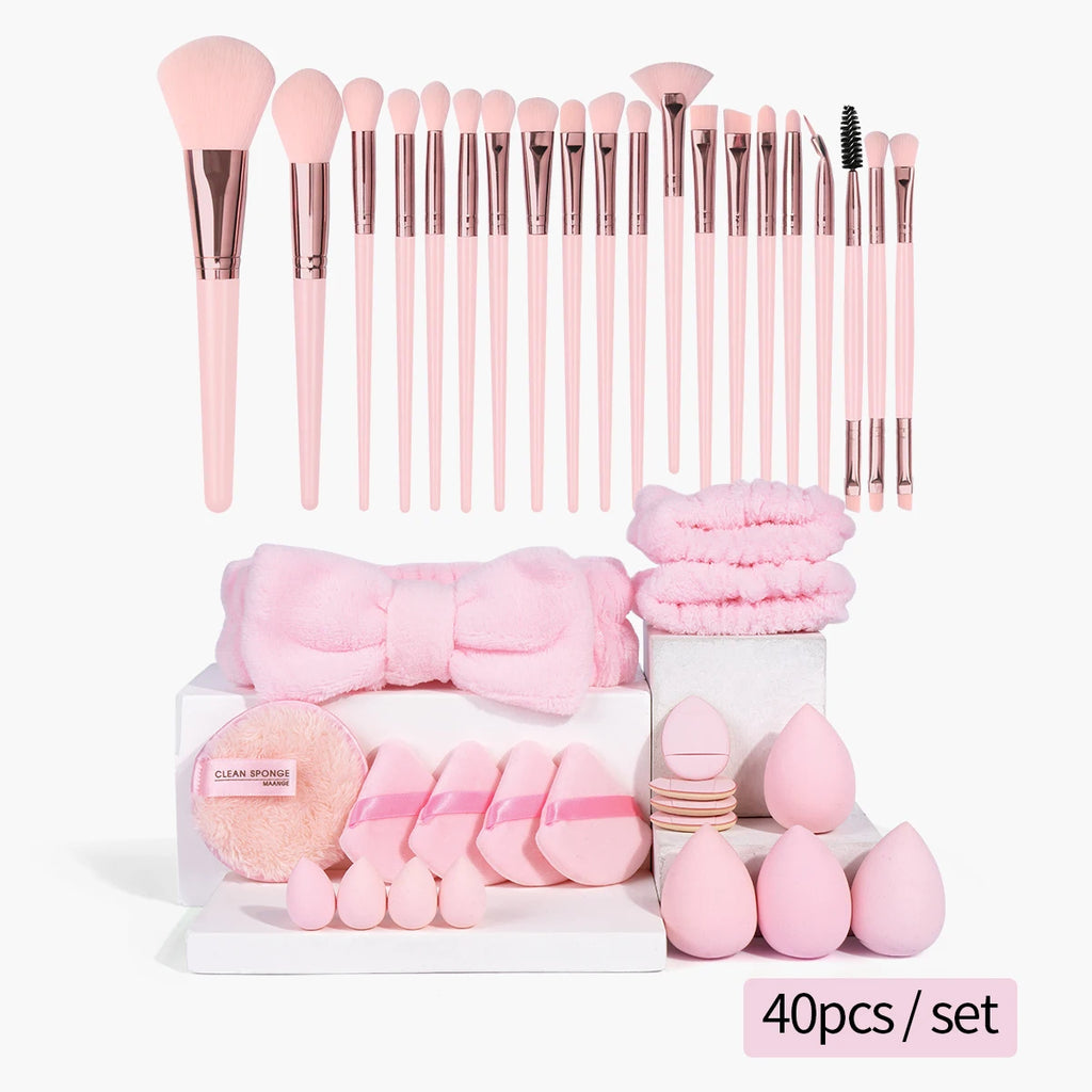 MAANGE 40-Pc Makeup Brush Set | Brushes, Puffs & Headband Makeup Brush Set QXL Pink