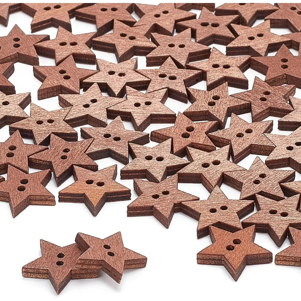 100-Pack Wooden Star Buttons | Vintage 2-Hole Sewing Craft Craft Buttons QXL
