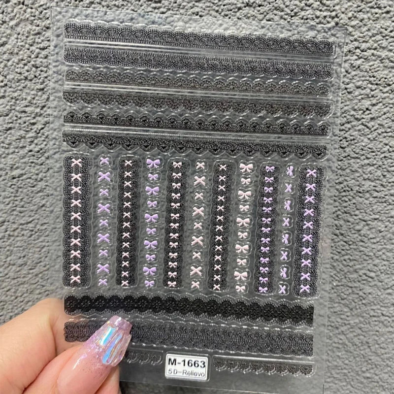 Japanese Lace Bow Nail Stickers | Pink Black White Nail Decals Nail Art Stickers QXL