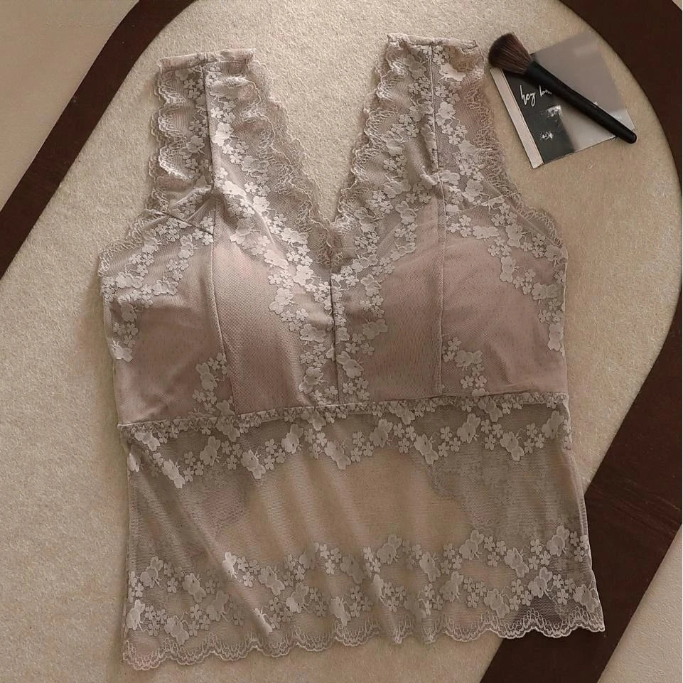 Women's Lace V-Neck Camisole Top with Built-In Bra Pads Lace Camisole Top QXL 2385GRAY 1XL