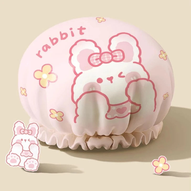 Cute Cartoon Double Layer Waterproof Shower Cap – Reusable Shower Cap QXL Pink 1Pc