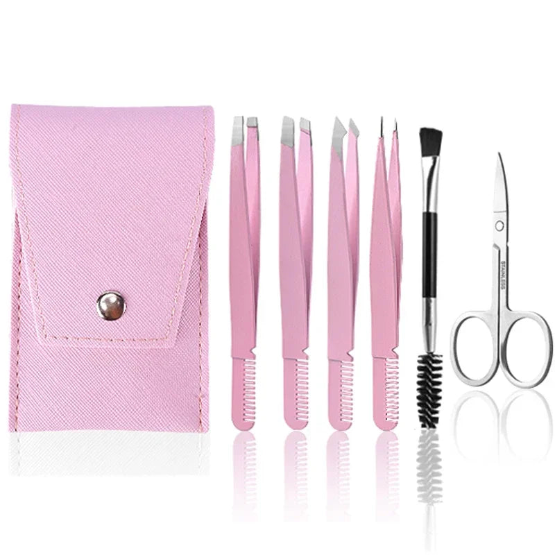 6-Piece Precision Tweezers Set – Curved Eyebrow & Scissors Kit Precision Tweezers Set QXL M240 Pink 6 pcs