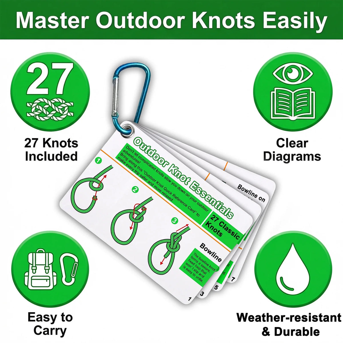 27-Knot Waterproof Climbing Knot Cards with Mini Carabiner Knot Reference Cards QXL 1Set Random color
