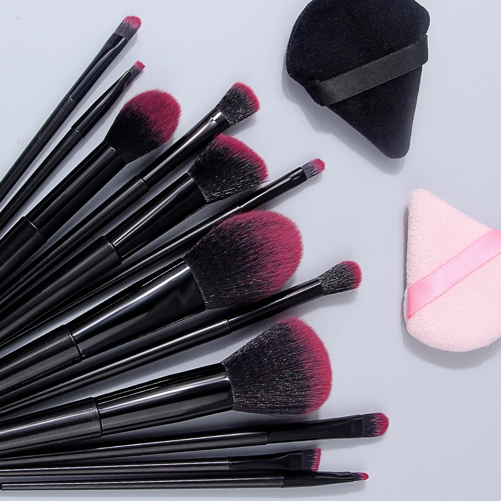 KOSSHOW 14-Pc Makeup Brush Set with Powder Puffs – Pink & Black Makeup Brush Set QXL