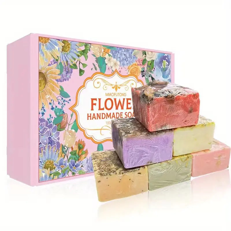 6-Piece Rose Jasmine Lavender Essential Oil Soap Gift Box Essential Oil Soap Set QXL MULTI 600g