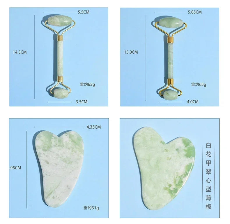 Natural Jade Roller & Gua Sha Set | Double Roller + Heart Scraper Jade Roller Gua Sha Set QXL
