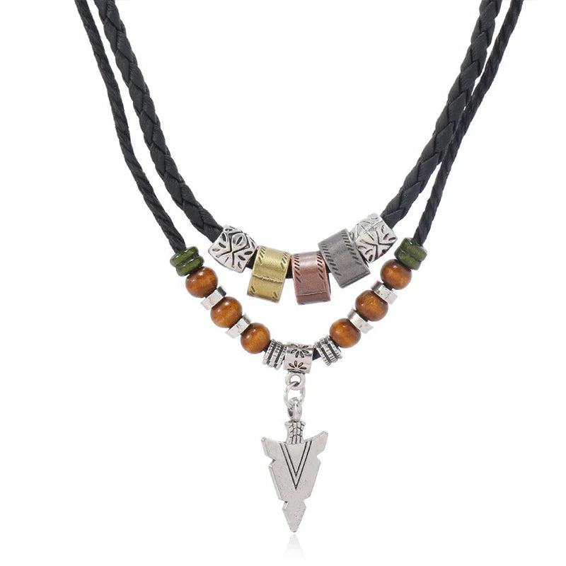 Men's Vintage Layered Arrow Pendant Necklace | Leather & Bead Layered Pendant Necklace QXL