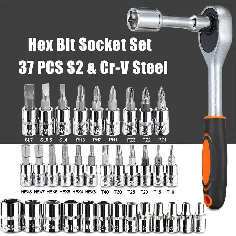 46-Piece Mechanic Tool Set | Sockets, Ratchet Wrench & Hex Bits Mechanic Tool Set QXL
