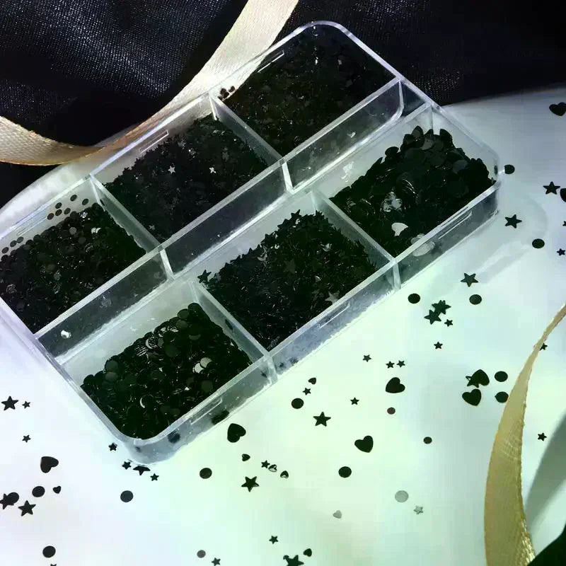 6-Grid Black Nail Art Glitter Sequins – Star Heart Circle Nail Art Sequins QXL