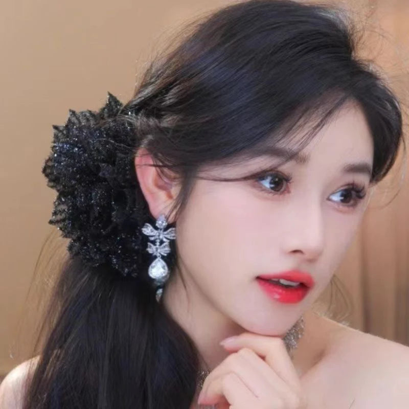 Black Mesh Flower Shark Claw Clip | Floral Hair Claw Women Shark Claw Hair Clip QXL