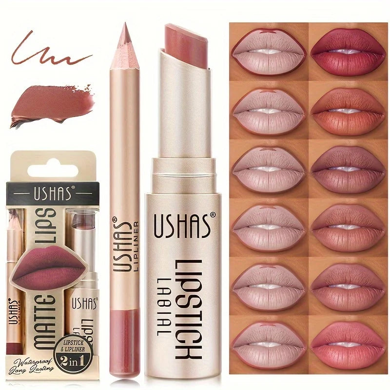 USHAS 12-Color Matte Lipstick & Lip Liner Set – Waterproof Matte Lipstick Set QXL