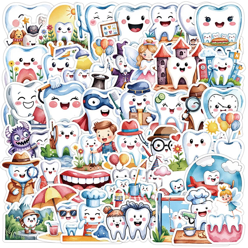50-Pack Dental Tooth Cartoon Stickers for Kids | Clinic Reward Dental Reward Stickers QXL