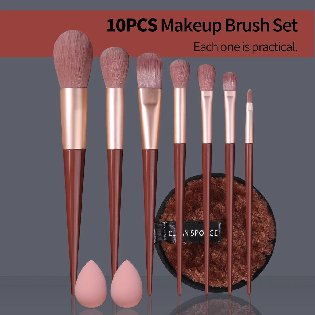 10-Piece Portable Makeup Brush Set with Sponge Pads – Burgundy Makeup Brush Set QXL