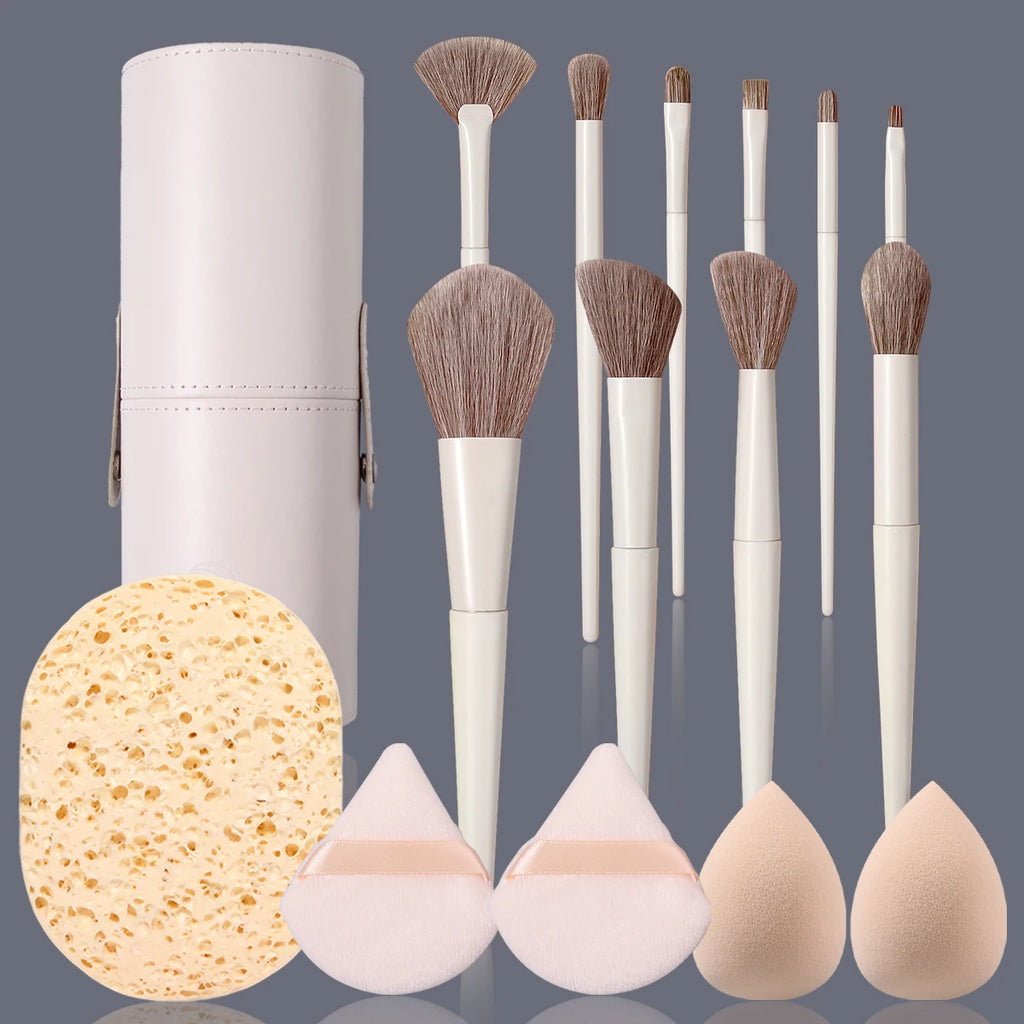 16-Pc Makeup Brush Set with Holder, Sponge & Powder Puff Makeup Brush Set QXL Ivory