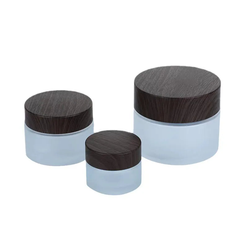 Frosted Glass Cosmetic Bottle with Wood Grain Lid | Travel Cosmetic Storage Jar QXL