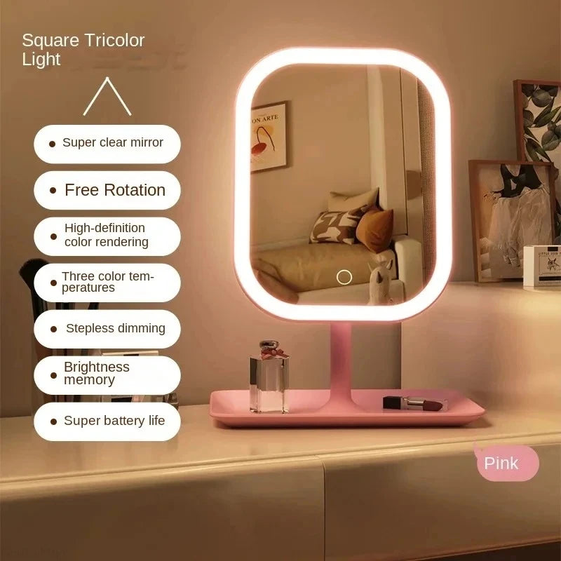LED Vanity Makeup Mirror | 3-Color Touch Dimming Desktop Mirror LED Vanity Mirror QXL