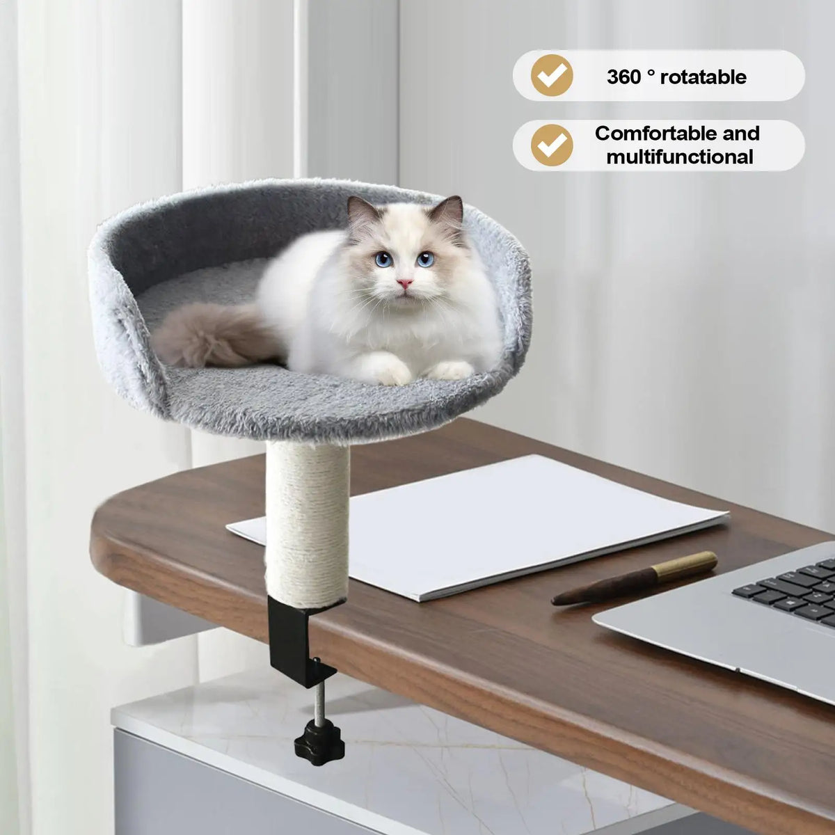360° Rotating Desk Clamp Cat Bed | Adjustable Kitten Perch Cat Desk Bed QXL