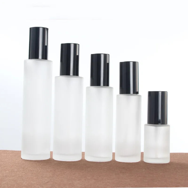 Frosted Glass Cosmetic Bottles & Cream Jars | Black Lid Cosmetic Glass Bottle QXL