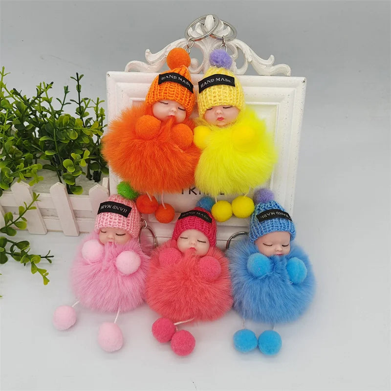 Pompom Sleeping Baby Plush Doll Keychain & Bag Charm | Cute Gift Plush Keychain Charm QXL