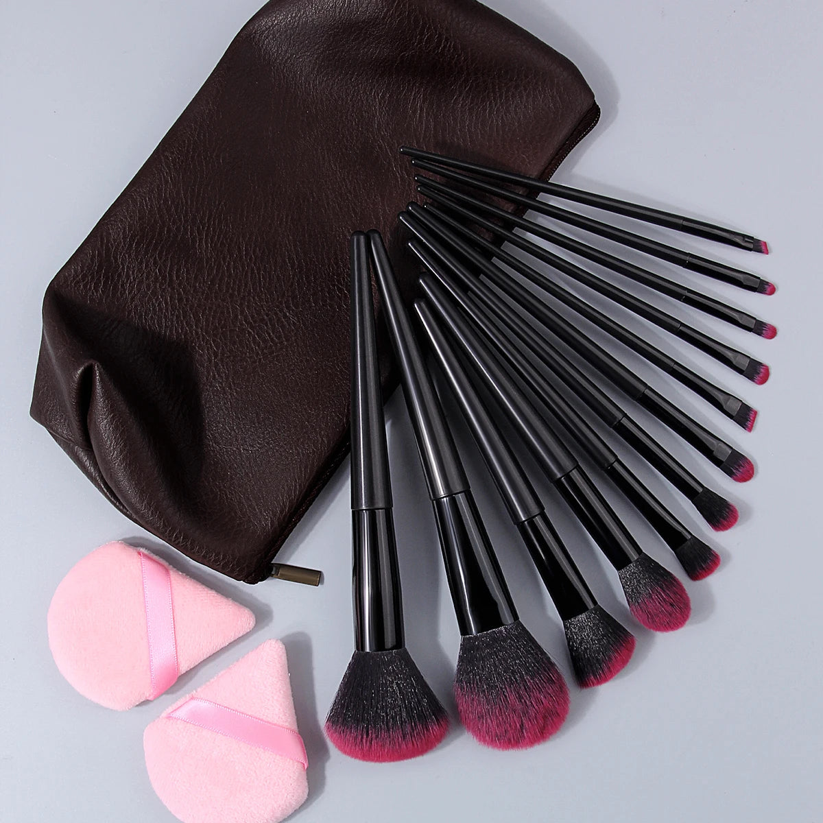 15-Pc Makeup Brush Set with PU Bag & Pink Powder Puffs Makeup Brush Set QXL