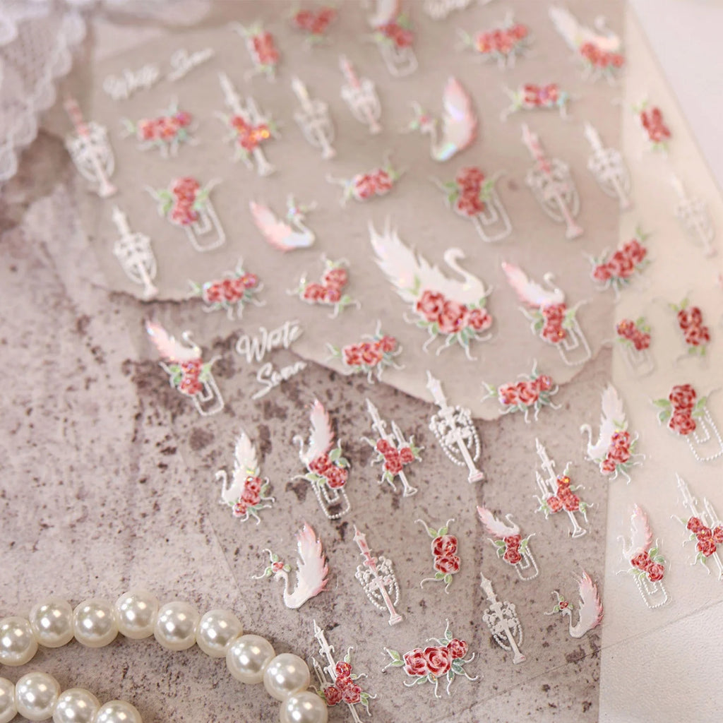 5D Embossed Nail Stickers | Vintage Rose Swan Lace Decals 5D Nail Stickers QXL