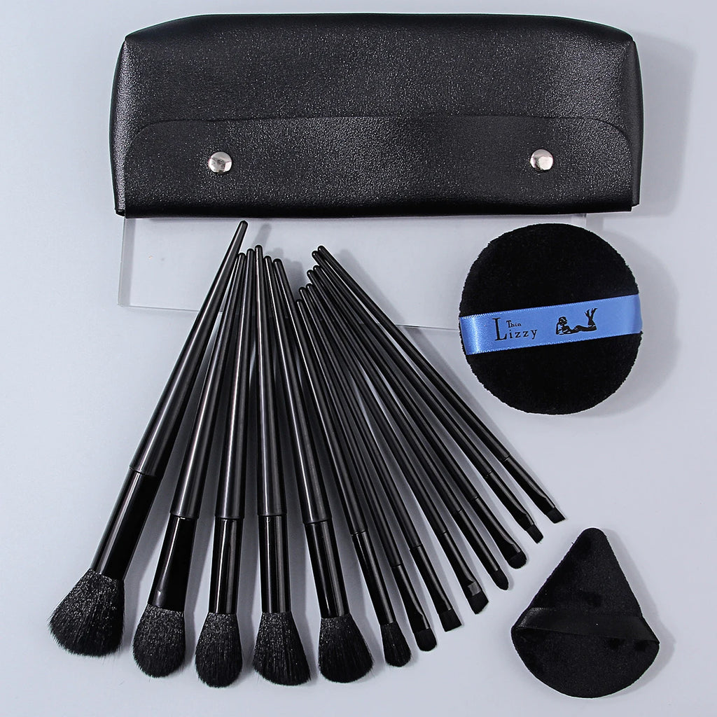 16-Pc Black Makeup Brush Set with PU Bag & Powder Puffs Makeup Brush Set QXL black