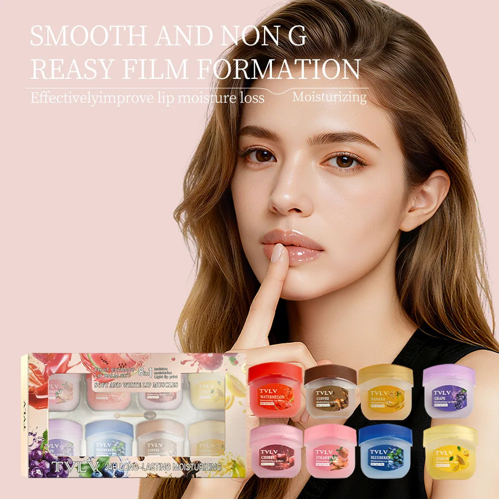 TVLV 8-Pc Fruit Lip Balm Set with Brush | Moisturizing Mini Jars Lip Balm Set QXL