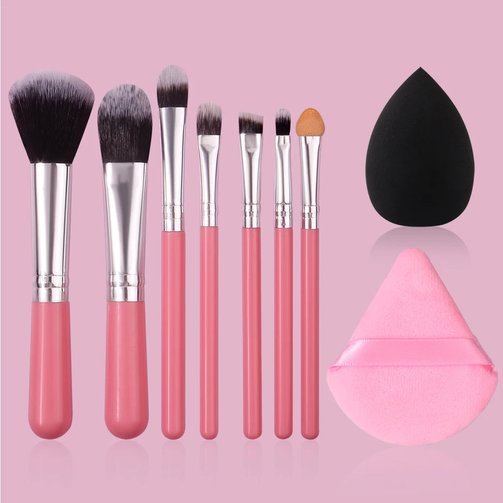 KOSSHOW 9-Pc Travel Makeup Brush Set with Sponge Puff Travel Makeup Brush Set QXL Pink