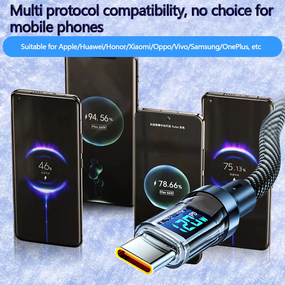 120W USB-C Fast Charging Cable with LED Display | 1M & 2M USB-C Charging Cable QXL
