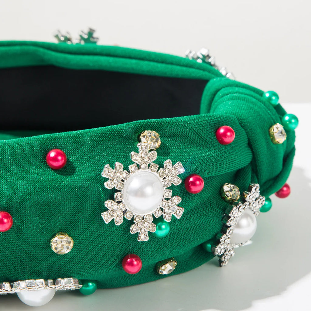 Christmas Snowflake Satin Headband | Rhinestone & Pearl Hairband Holiday Hair Headband QXL