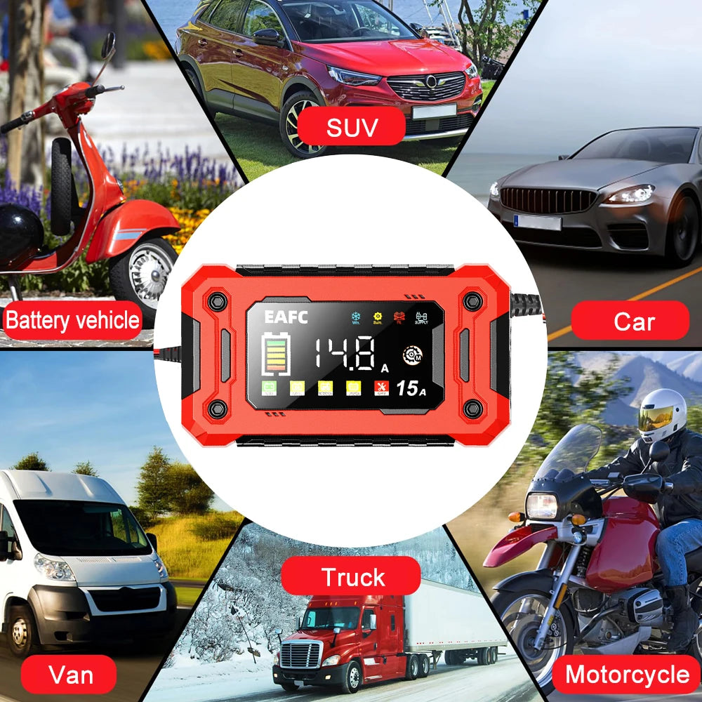 EAFC 12V 15A Smart Car Battery Charger with LCD Display Car Battery Charger QXL