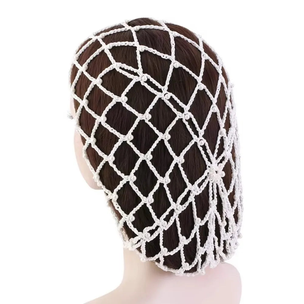 Pearl Beads Mesh Snood Hair Net | Crochet Hairnet for Women Snood Hair Net QXL White