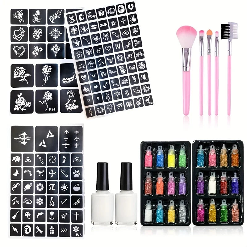 24-Color Glitter Temporary Tattoo Kit | Glue, Templates & Brushes Glitter Tattoo Kit QXL 8pcs Set